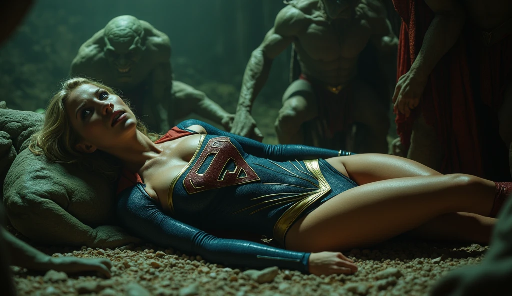 beautiful scared looking topless Supergirl laying on the floor, Fucked by goblins , in a cave, she's freaking out, dressed in DC Comics suit, torn costume, beaten costume, bruises, , sexy style, mini panties(8K、Raw photography、top-quality、​masterpiece:1.2)、(Anatomically correct body、realisitic、Photorealsitic:1.37)、ultra-detailliert、(wicked looking  green Goblins Around her), (goblins grabbing her from every side and tearing her costume)