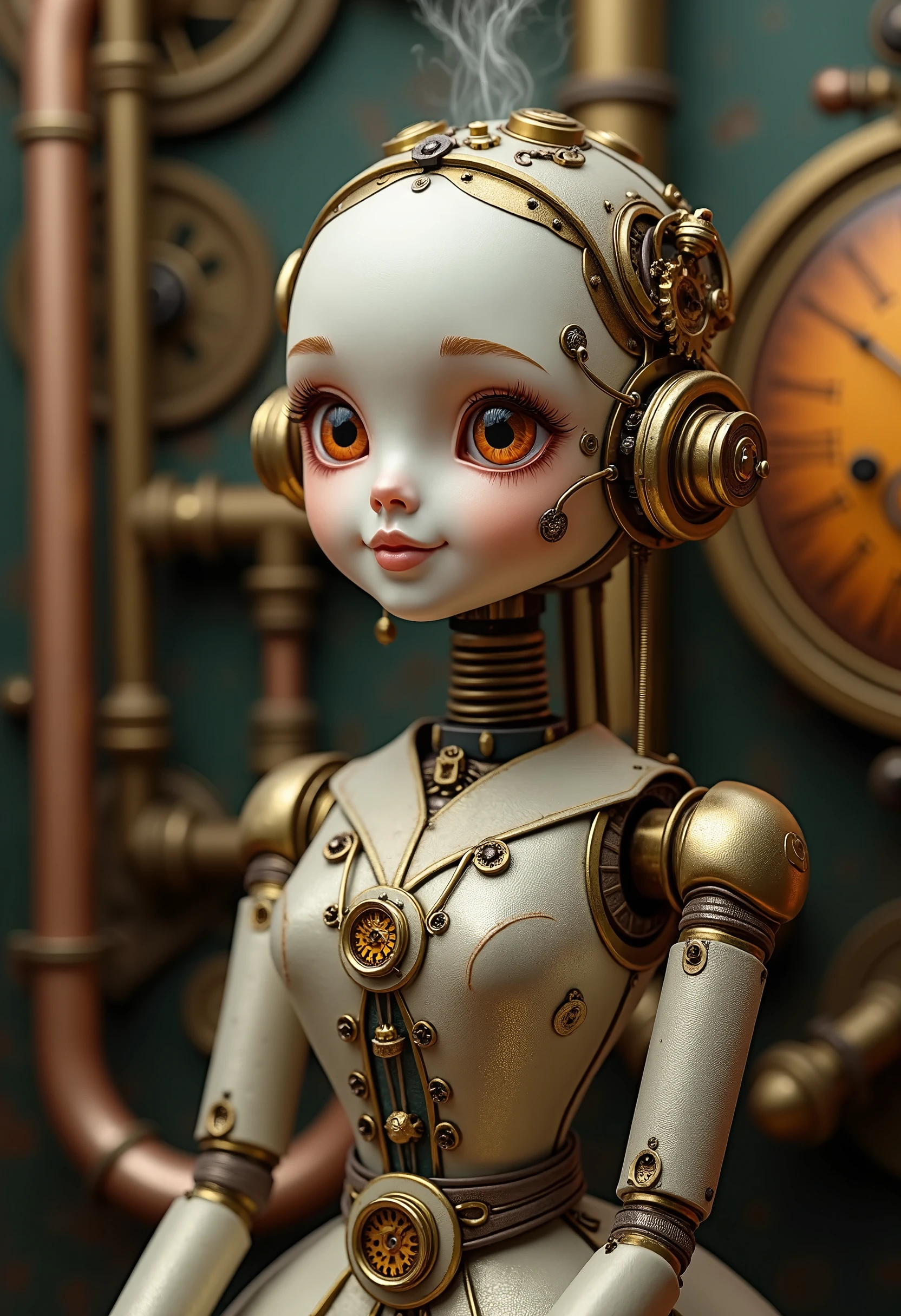 [best quality, high resolution, Super detailed, lifelike:1.37],Futuristic ceramic mechanical doll in display case, Detailed mechanical joints, shiny porcelain surface, Complex clockwork mechanism, Exquisite porcelain fingers, Expressive porcelain face, realistic glass eyes, Superb craftsmanship, lifelike movements, bright colors, Dynamic lighting, elevated on pedestal