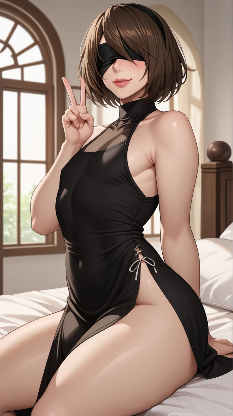 a black-shortcut-haired tall girl spreads her legs wide open, squatting, putting her hands on head, wearing see-through black tight no-sleeve off-the-shoulder dress, with black gorgeous bra, small breasts, tiny tits, flat chest, with black G-string thong panties, pantielines, huge ass, a white bangle on one hand, red high heels, a beautiful girl with long limbs, from behind, back view, at hotel entrance, on the evening