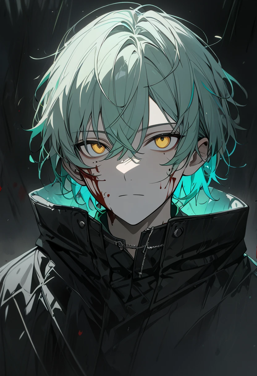 1 male, short hair, light green hair with strands of cyan hair, yellow eyes, (best quality,4k,highres,masterpiece:1.2), black coat, dark atmosphere, teenager, expressionless, emotionless., blood on face, murderer