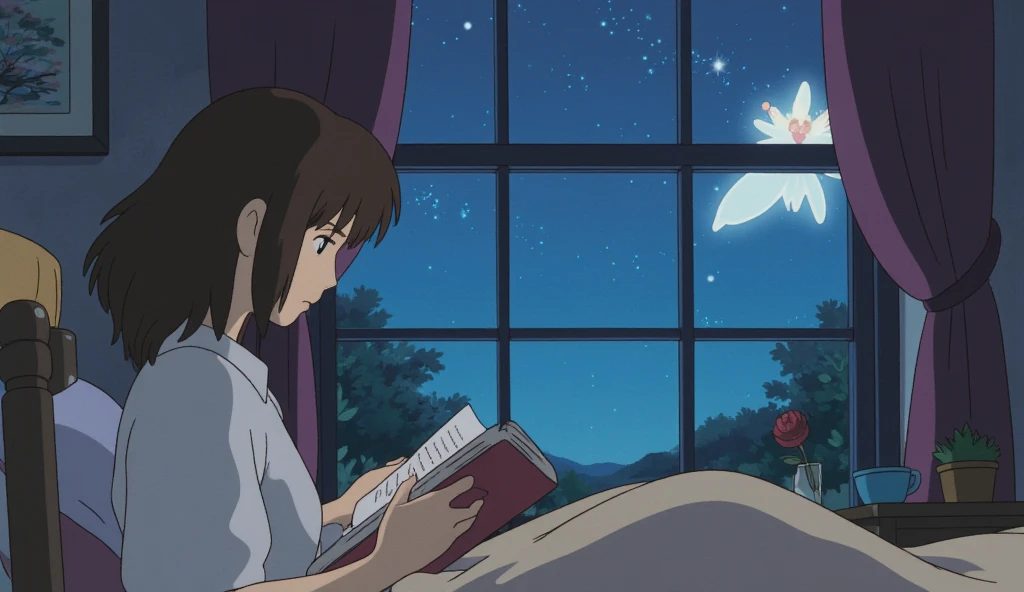  top quality , LOFI風、Ghibli style、Pretty girl reading in her room 、 is crazy about reading and hasn't noticed the angel you can see from the room window、night、The starry sky shines、 The room is sparkling 