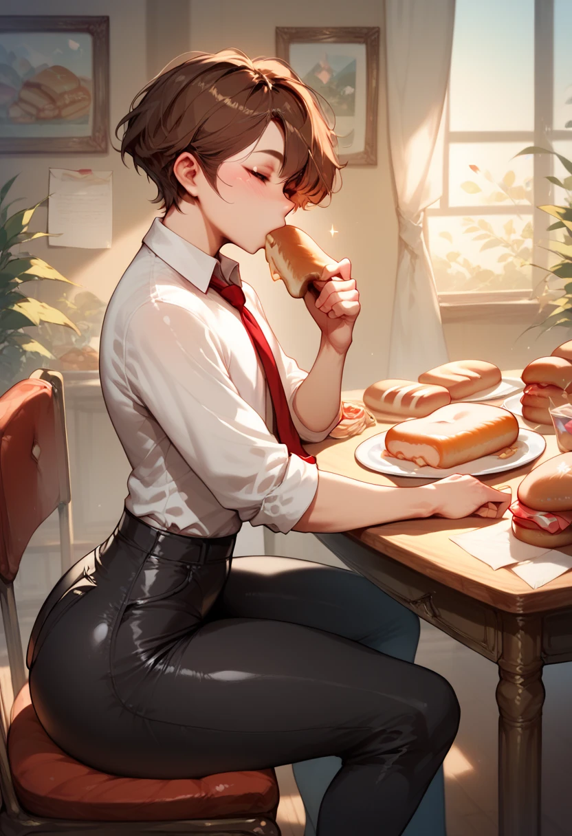 Femboy, short brown hair, big butt, tight unclipped shirt, black pants, united red tie, sitting on the chair, leaning on table, looking at papers on table, eating bread, neutral expression, side view, in bedroom, solo, 