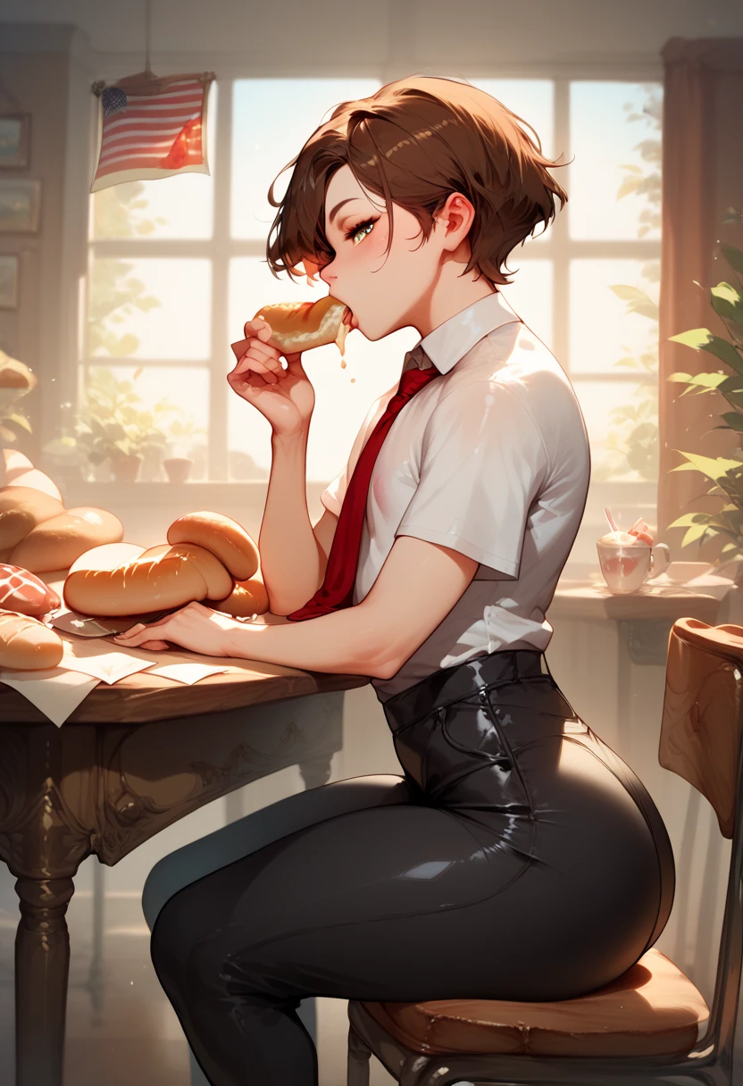 Femboy, short brown hair, big butt, tight unclipped shirt, black pants, united red tie, sitting on the chair, leaning on table, looking at papers on table, eating bread, neutral expression, side view, in bedroom, solo, 