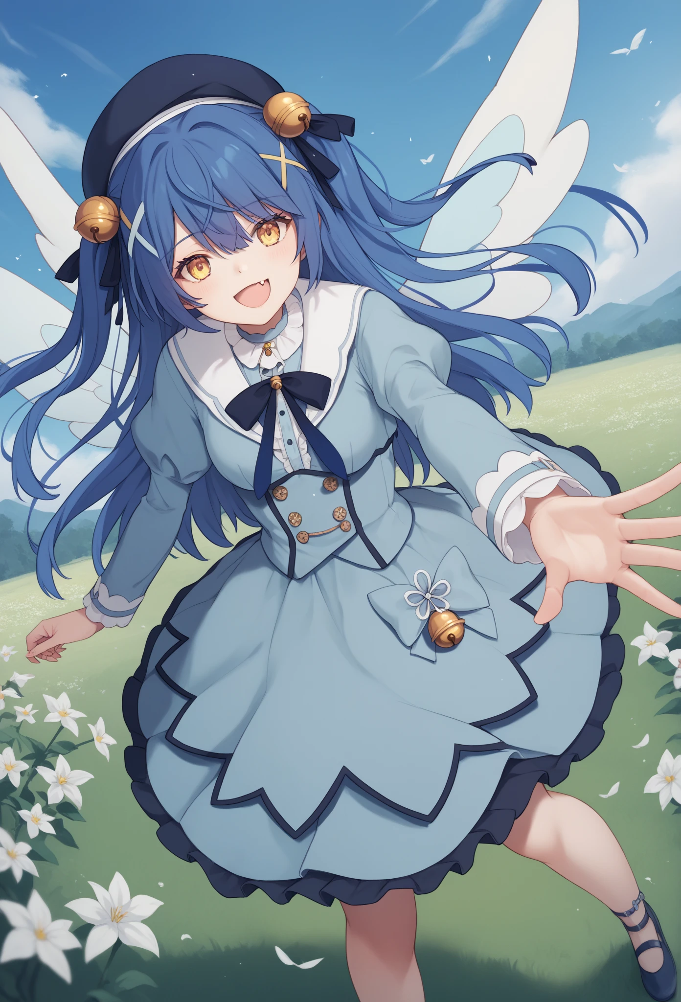 score_9, score_8_up, score_7_up, score_6_up, score_5_up, score_4_up, source_anime, akokoro, ribbon, hair bell, x hair ornament, two side up, skin fang, beret, dress, blue dress, long sleeves, jingle bell, Wings, flower field, perspective, outstretched arm, fisheye、 anatomically correct ,  exact number of fingers 