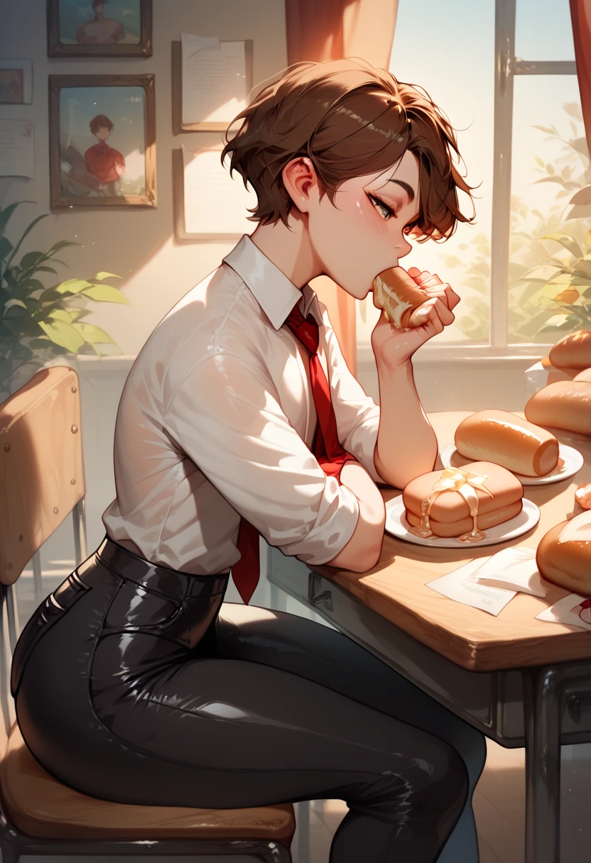 Femboy, short brown hair, big butt, tight unclipped shirt, black pants, united red tie, sitting on the chair, leaning on table, looking at papers on table, eating bread, neutral expression, side view, in bedroom, solo, 