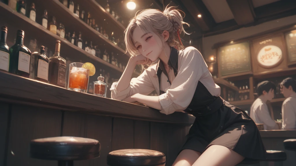  bartender 、 cute girl、Final fantasy style illustration、bar、 dim room