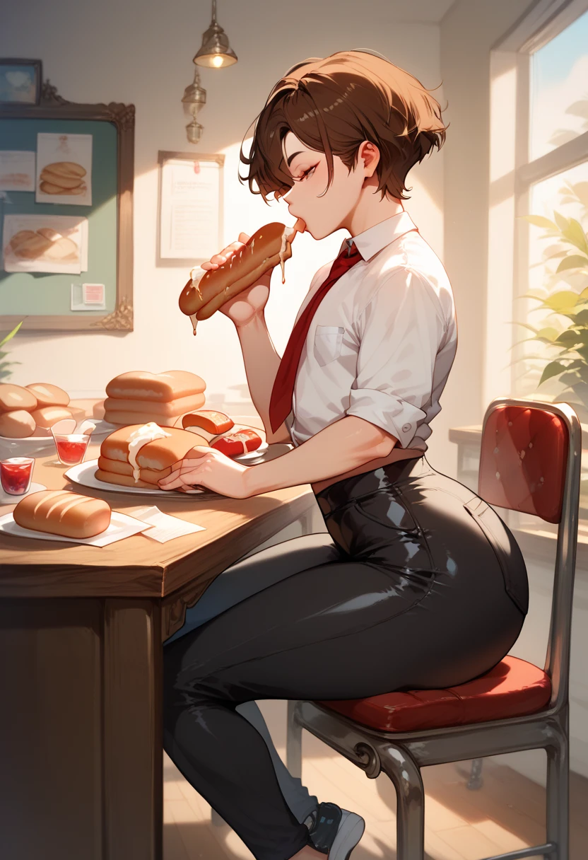 Femboy, short brown hair, big butt, tight unclipped shirt, black pants, united red tie, sitting on the chair, leaning on table, looking at papers on table, eating bread, 1 slise of bread, neutral expression, side view, in bedroom, solo, 