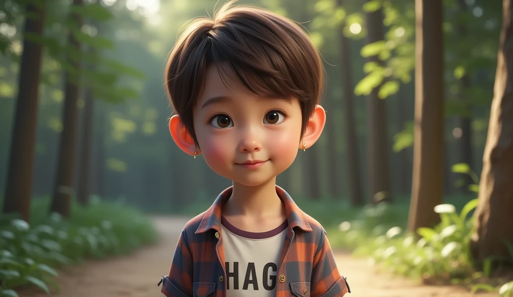 the boy, short straight hair with bangs, wearing a shirt, unbuttoned, wearing a t-shirt that says 'Hagi', background in the park, full body, 3D animation