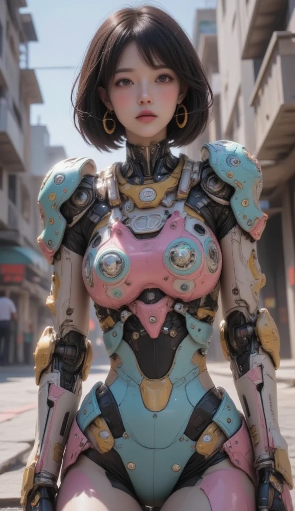  Cute Female Robot , heavy weapons, Glowing Joints and Gaps , 新 super detailed ,  brightly colored ,  dynamic pose,  highly detailed face and eyes , Complex Mechanical Design, Fantastic, Pastel Palette,  photorealistic,  cinematic lighting,  soft lighting ,  chiaroscuro,  cinematic lighting, Fuji Color, 8k, masterpiece, U high res, retina, masterpiece, Accurate,  anatomically correct ,  textured skin ,  super detailed ,   high detail ,  High Quality ,  Award-winning , 最 High Quality ,  high res, 1080P,  high res, 16k,  SHORT BOB HAIRCUTS ,  medium breasts,  messy hair,  two-tone、kneeling on the floor、 in the woods、blue sky、 black hair、Female robot looking up at the sky、Full body portrait