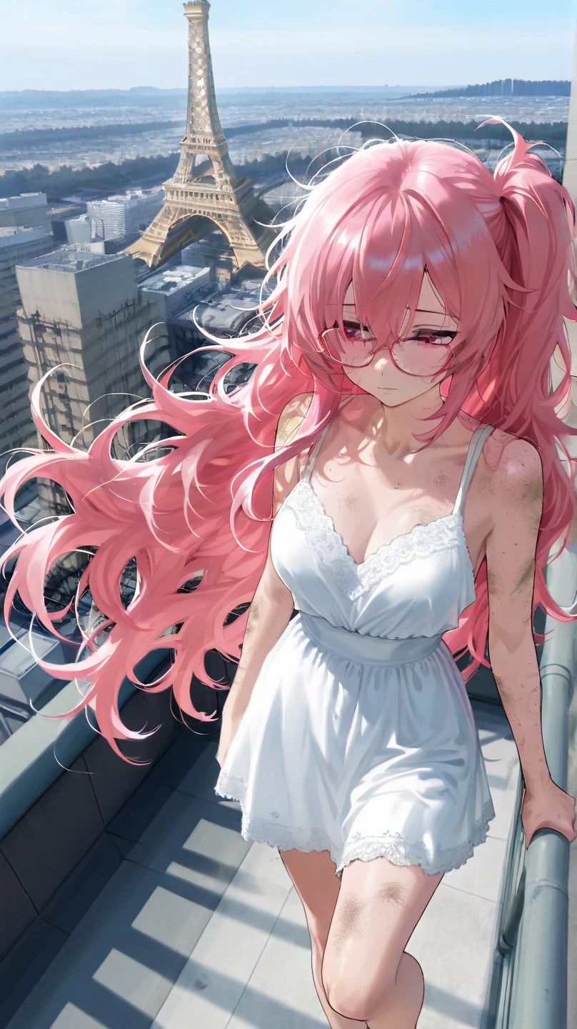 a beautiful busty woman wearing cute glasses ,  is very sexy on a rooftop apartment with a view of the Eiffel Tower in Paris Masterpiece, Damaged, Super detailed, textured skin, HD, pink hair, very long hair,  side ponytail , messy hair, 