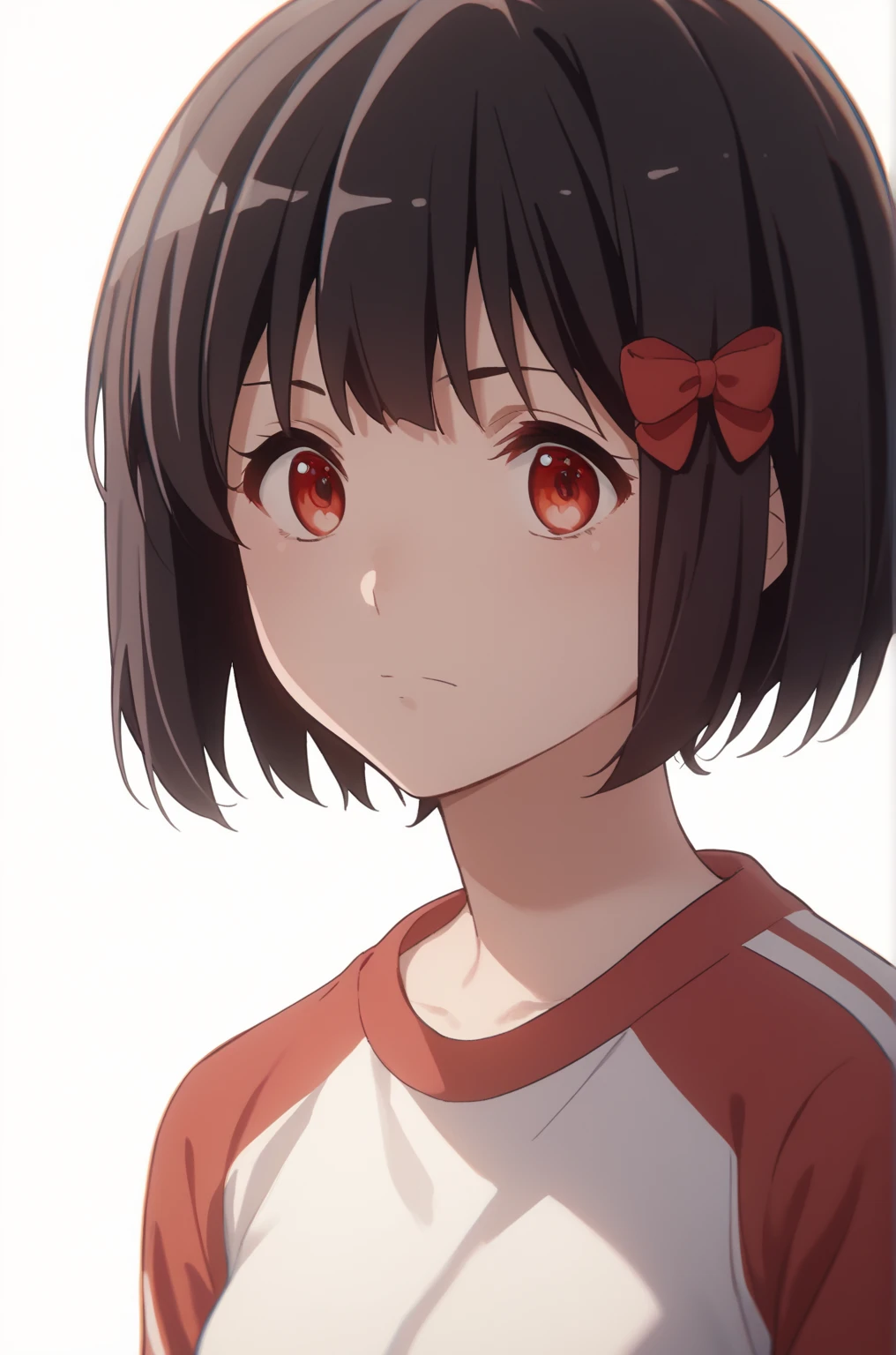 score_9, score_8_ up, score_7_ up,  Source_Anime, Kanade Hisaishi ,  short hair, bangs,  black hair,  red eyes, bow, hair bow, red bow, medium breasts,Sportswear、moving、 laughs,  viewers,  jersey pants、Alone,  white background、 no background、whole body、 bright 、 face forward、