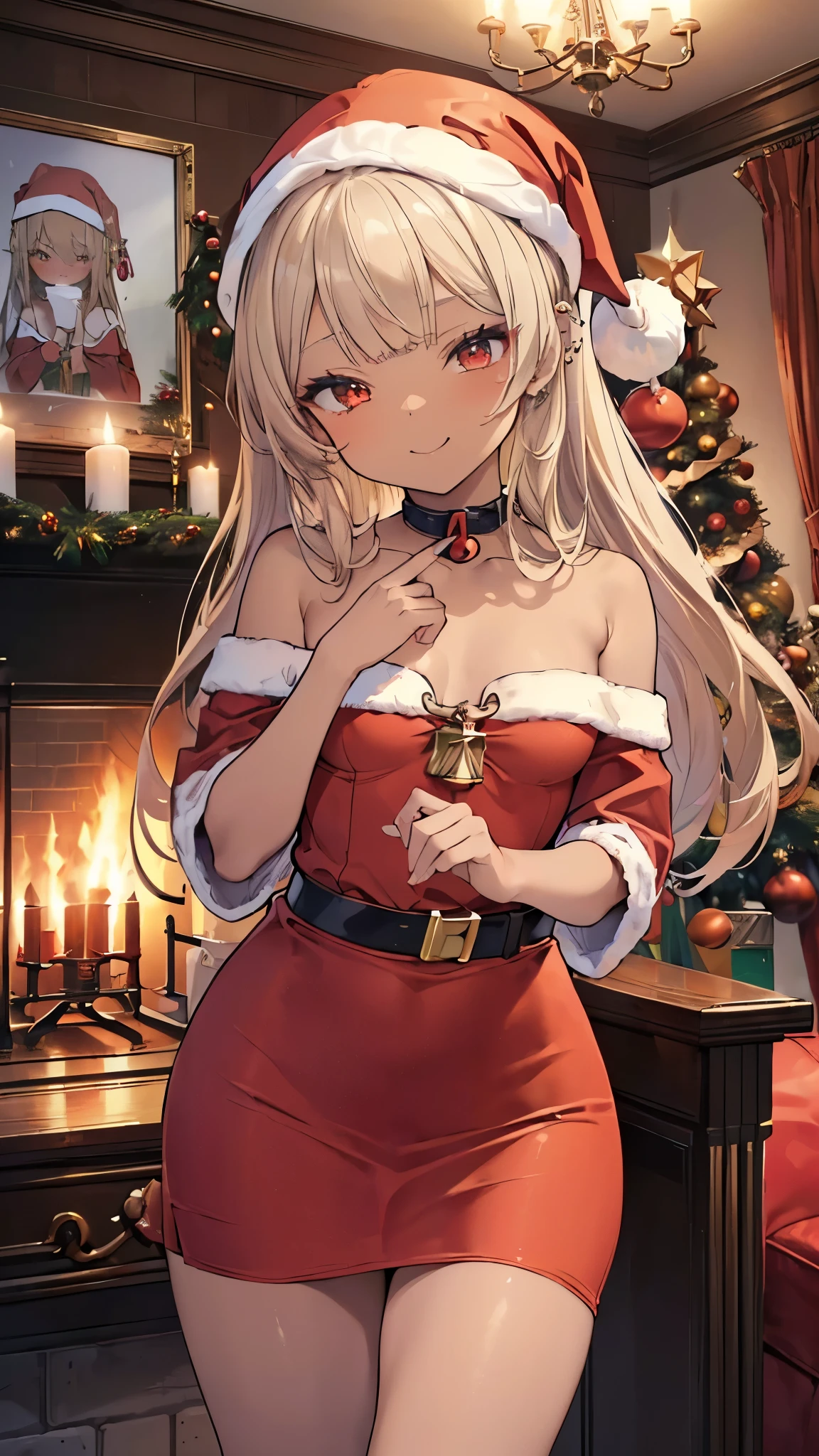 (best quality, 4k, 8k, highres, masterpiece:1.2), ultra-detailed, detailed face, detailed lips and eyes, expressive face, realistic, BREAK BLARKY beautiful caucasian woman with very long straight white hair, (yellow eyeair skin, expressive face, attractive appearance, animal ear fluff, animal ears, bangs, extra ears, fox ears, fox girl, fox tail, hair between eyes, large breasts, BREAK (16 years old), smile, blush, BREAK Masterpiece background, night, full moon, dynamic pose, dynamic angle, full body. Generate a scene depicting a beautiful young girl dressed in a Santa Claus costume. She stands near a crackling fireplace adorned with stockings, with a grand Christmas tree in the background. Surround her with an array of presents, ribbons, and festive ornaments. It's nighttime, and a serene full moon illuminates the room through a window, casting a soft glow over the enchanting scene. Additionally, include 7 to 10 photographic details, such as the shimmering reflections of the ornaments, the flickering flames in the fireplace, the intricate patterns on the wrapping , and the twinkling lights on the tree