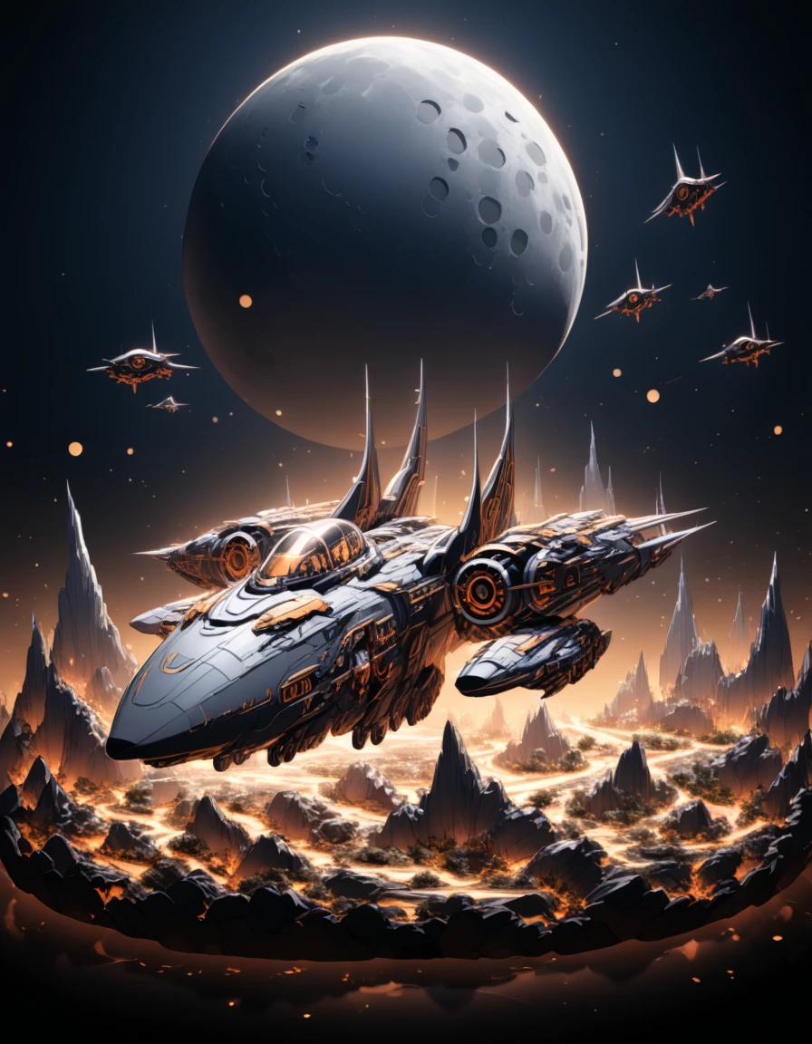 Detailed 8k cute black space warjet theme with moon background