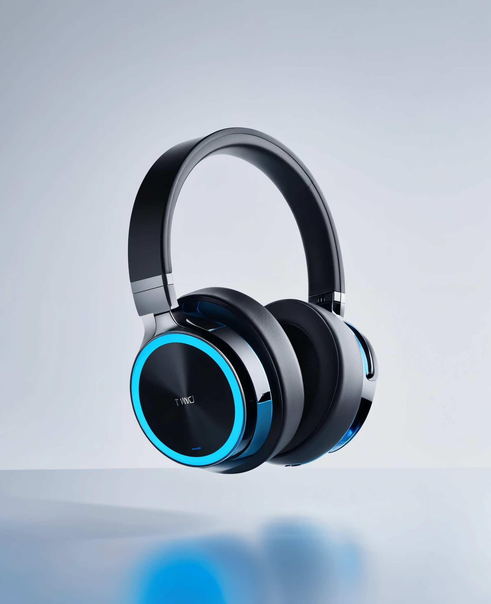 " Image of modern wireless noise canceling headphones , designed in an elegant and futuristic way . The headphones are floating on a minimalist background with a technological environment, showing high-quality , such as the touch controls and soft ear pads . The scene reflects a calm and focused atmosphere , with metallic colors such as black , silver details and bright blue details . The design highlights its advanced functionality and comfort ."