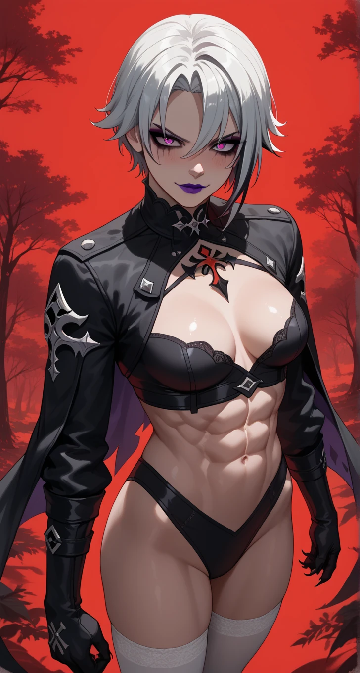 full body standing looking to the camera, grey skin, drow, elf, 1girl, mature, golden eyes, white hair, black bikini, abs, big knockers, tatter rags, chain collar, stomach tattoo (red tattoo) big breast
