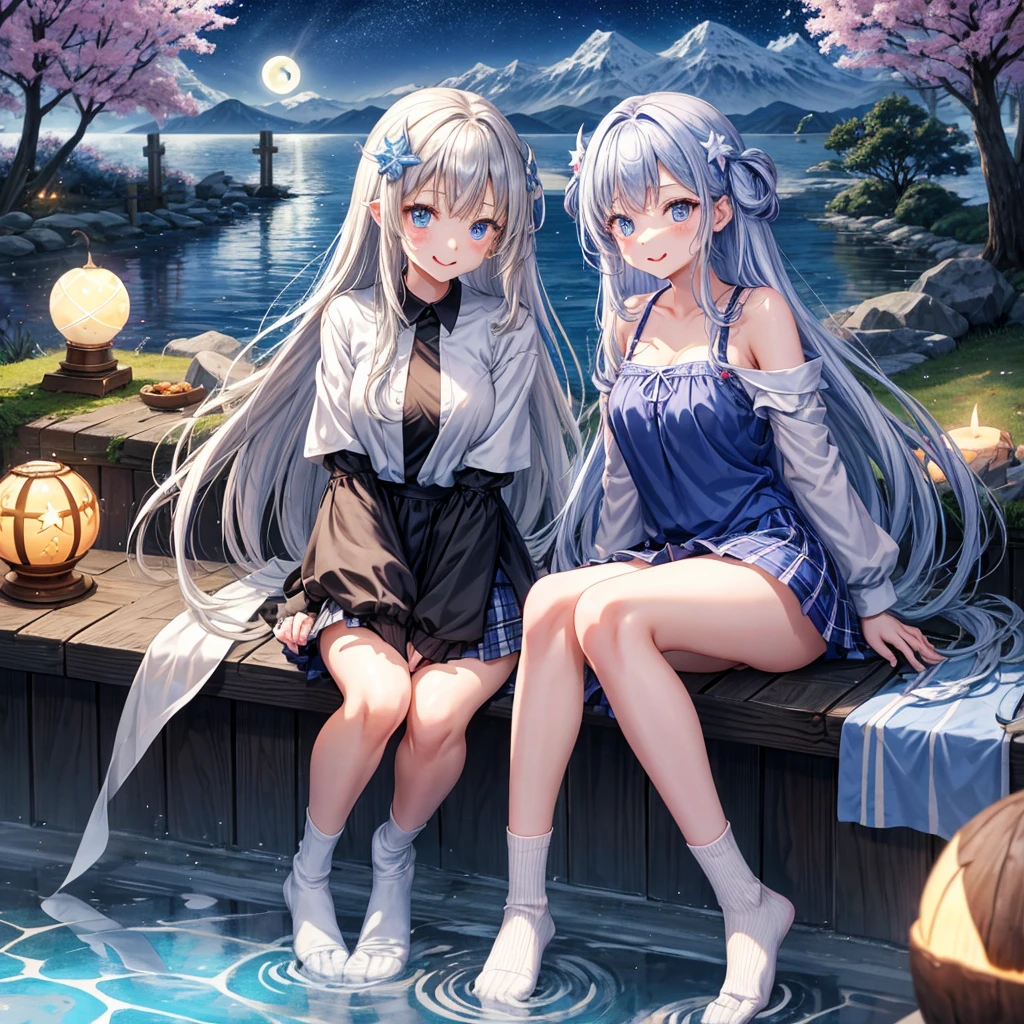 White hair, cat ears, white underwear, high quality, snow, cherry blossom, (a snowy cherry blossom hot spring)