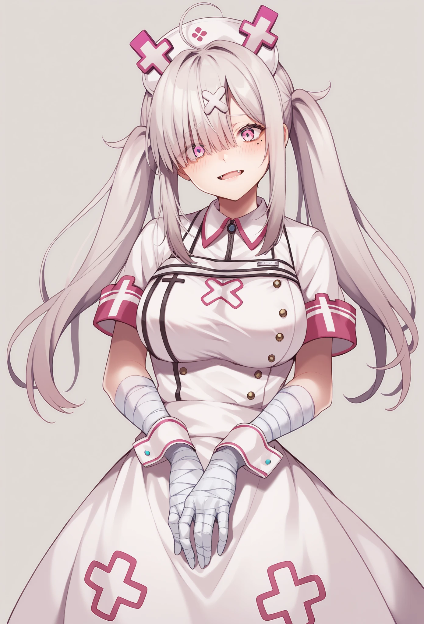 score_9, score_8_up, score_7_up, source_anime, aakana, long hair, twintails, ahoge, hat, nurse cap, x hair ornament, mole under eye, eyes visible through hair, blush, fangs, large breasts, nurse, white dress, short sleeves, bandaged arm, wrist cuffs, white gloves, white apron, standing, cowboy shot