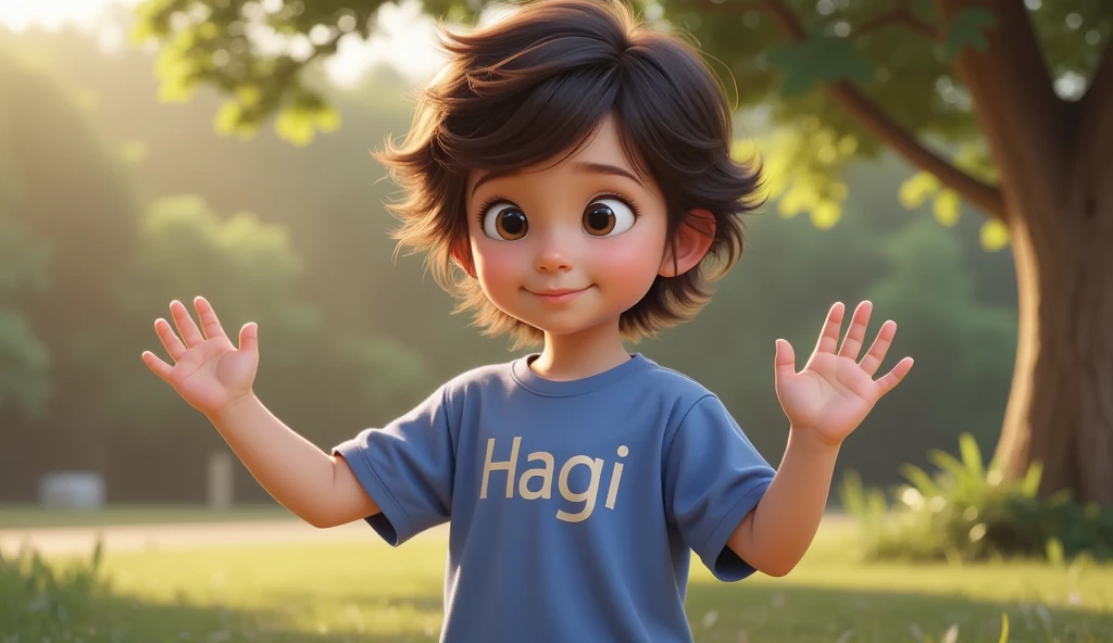 boy, short straight hair with bangs, standing, waving his hands, full body visible, wearing a blue t-shirt that says 'Hagi', background in the park, 3D animation