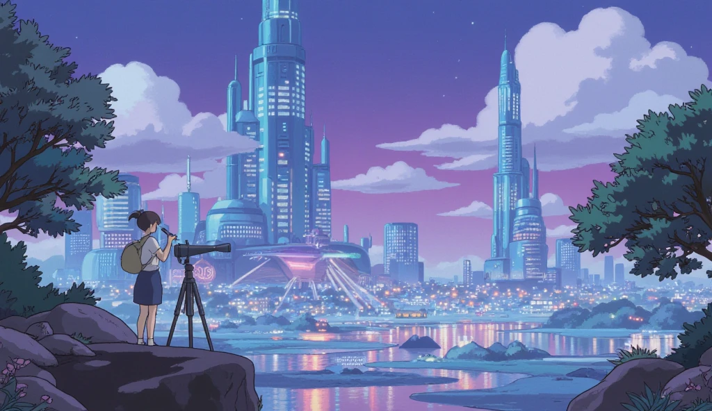  top quality , LOFI風、Ghibli style、A girl looking at a futuristic city with a telescope 、The purplish 、 There is a cool boy standing beside it looking in trouble、 The background and scenery are fantastic and make you think it's heaven 