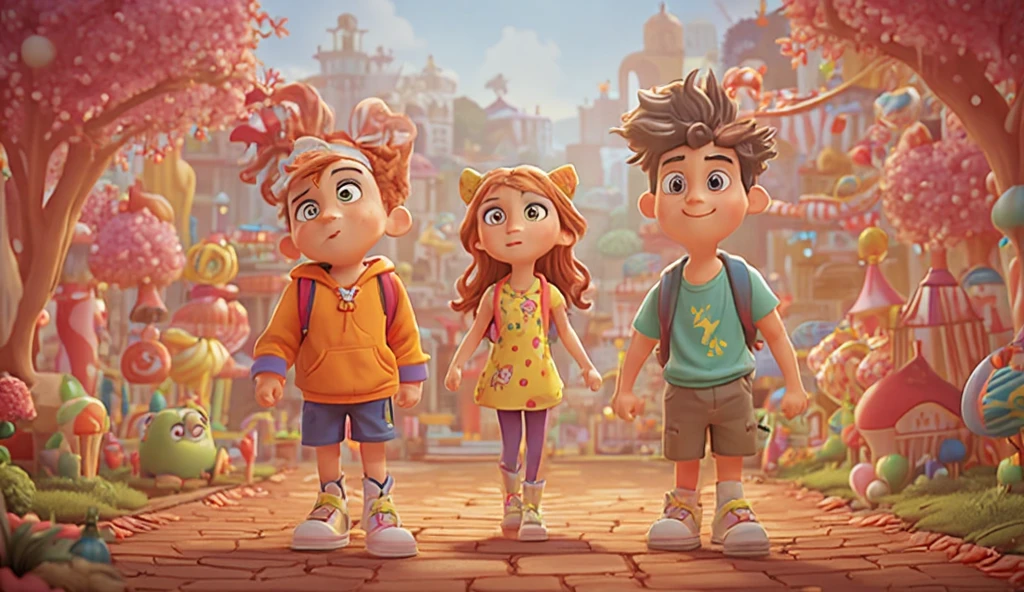 A 3D animation-style scene in a big vibrant candy town with lollipop trees, candy cane lamp posts, and chocolate cobblestone paths. Alex, Bella, and Charlie walk along a winding path surrounded by whimsical candy structures and cartoon animals.  
Alex is a  boy with a round face, large green eyes, freckles, and short, messy auburn hair with spiky ends. He wears a bright orange hoodie with blue cuffs, navy-blue shorts, white sneakers with neon-green laces, and a small star-patterned backpack.  
Bella is a  girl with a heart-shaped face, rosy cheeks, almond-shaped hazel eyes, and long wavy chestnut-brown hair in loose pigtails tied with yellow ribbons. She wears a yellow polka-dot dress, purple leggings, sparkly pink sneakers with butterfly designs, and a glowing flower-shaped necklace  Charlie is a  boy with a square face, sharp jawline, bright blue eyes, thick eyebrows, and jet-black hair styled into a smooth quiff. He wears a teal t-shirt with a lightning bolt design, khaki carg