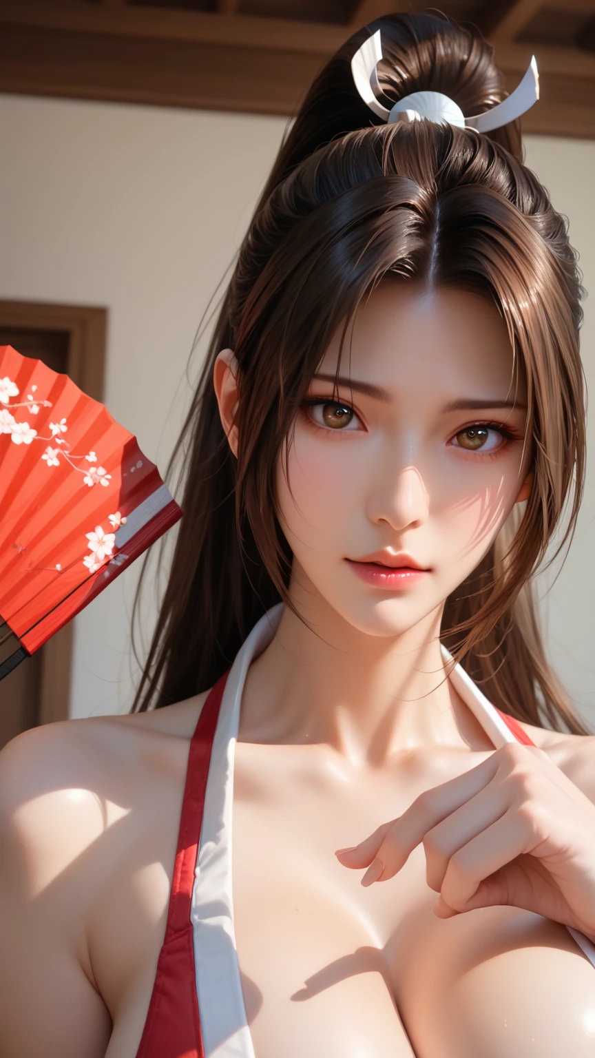 score_9,score_8_up,score_7_up,high res image,masterpiece,best quality,realistic,(big breasts:1.2),Mai Shiranui，(face focus:1.3),(dropping:1.4)，shiranui_mai，(black pupil:1.2),(brown black hair:1.3)