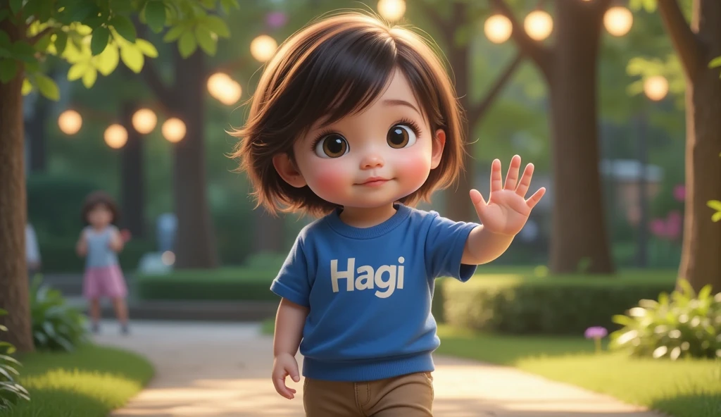 the boy, short straight hair with sleek bangs, standing, waving with one hand, full body visible, wearing a blue t-shirt that says 'Hagi', background in the park, 3D animation