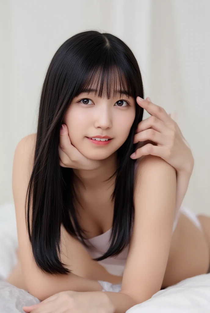  high resolution photos of young Japanese women,  complicated details,   professional writing that makes viewers look happy ,  Sharp Focus, Alone,  1 girl, Gravure photoshoot pose, (Full Frontal ,  completely naked, naked,  lying down on the bed,  pinches nipples:1.4),  slender body,  white skin,  detailed face ,  detail eyes, A sophisticated nose,  after sex,  embarrassing, Obscene expression, (perfect hand,  Perfect Anatomy,  accurate anatomy), indoor,  LUXURY HOTEL BEDROOM , At night,