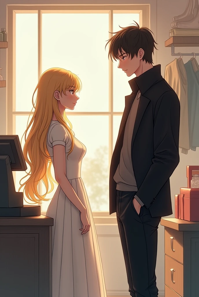 A girl with long hair in a white dress stands in front of the cash register of a store, and a tall boy in a black jacket stands next to her.