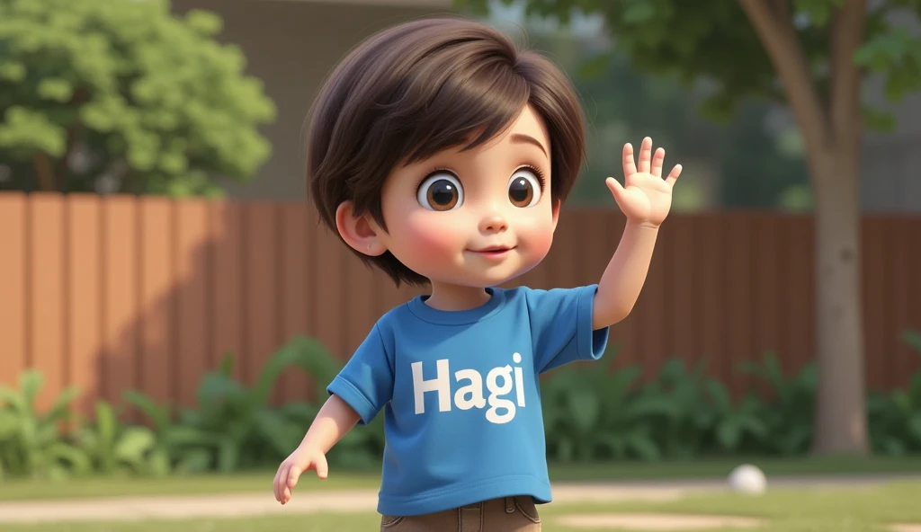 the boy, short straight hair above the ears, smooth bangs, standing, waving with one hand, full body visible, wearing a blue t-shirt that says 'Hagi', background in the park, 3D animation