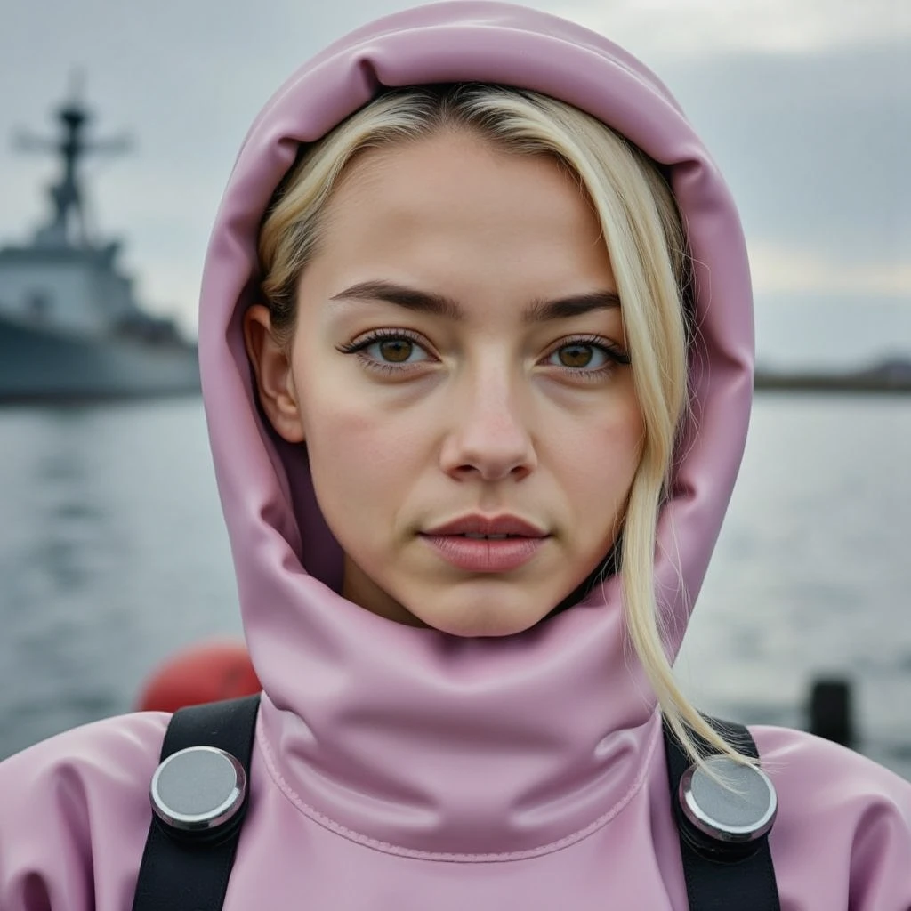 A documentary photo, Photo-realistic, ultra-realistic, (Cuban beautiful young woman, famous Cuban model,blond white hair:1.3, pashe haircut:1.4,,boyish cool face:1.3, portraits:1.3), wetlook rubberish pink clothes,thight rubber hood, she is a military diver of  navy, experienced military diver, wearing a professional wetsuits for military diver with professional scuba equipment, She is on a shlre, She is preparing to scuba dive for a lifesaving mission, there is a large battle ship behind her,, Natural Makeup, boyish face ,Front View:1.21, Perfect Anatomy:1.21, Small head:1.21, Slender body:1.37, Narrow waist:1.5, Thin limbs:1.5, Flat Chest:1.5, Anatomically correct limbs, Diving Suits drysuits (high smooth turtleneck collar), Fully equipped for diving, Very cute Japanese woman, Brown Hair, , , Calm sea in winter, Dynamic and emotional movie lighting, 