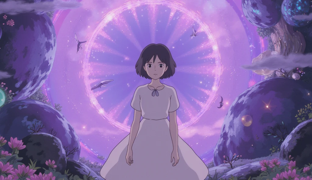  top quality , LOFI風、Ghibli style、A mysterious girl standing between the near future and the present、The purplish 、 The background and scenery are fantastic and make you think it's heaven 