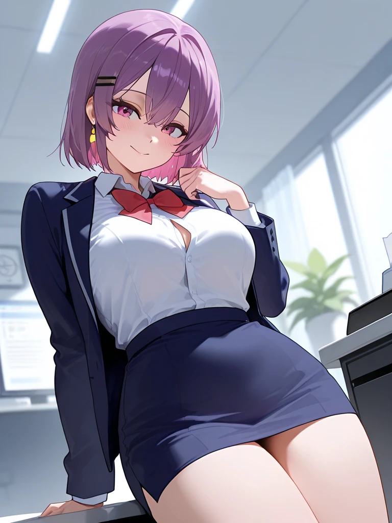 (Sitting on a chair with legs spread)、directly in front、Japan girl uniform、a miniskirt、(Pubic streak enhancement)、(White panties in full view)、Unbutton white shirt to emphasize cleavage、short-haired、a smile、red blush、‎Classroom、8k、ighly detailed、Top image quality、top-quality、超A high resolution、​masterpiece、１a person、A detailed eye、beautidful eyes、Light in the eyes、animesque、２Ｄ、