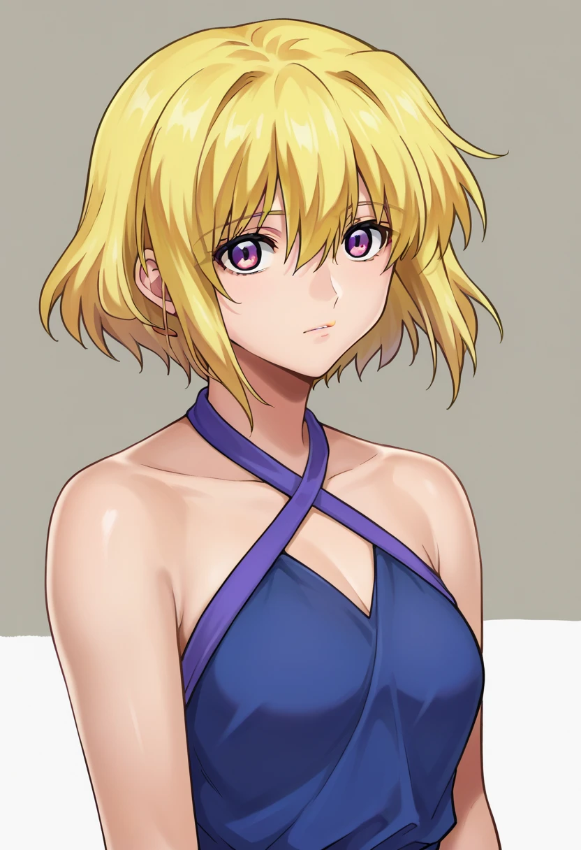 score_9,score_8_up,score_7_up,score_6_up,score_5_up,score_4_up,anime coloring,source_anime,stella,1girl,solo,purple eyes,blonde hair,short hair,two-tone dress,halterneck,multicolored background,portrait,upper body,looking at viewer,