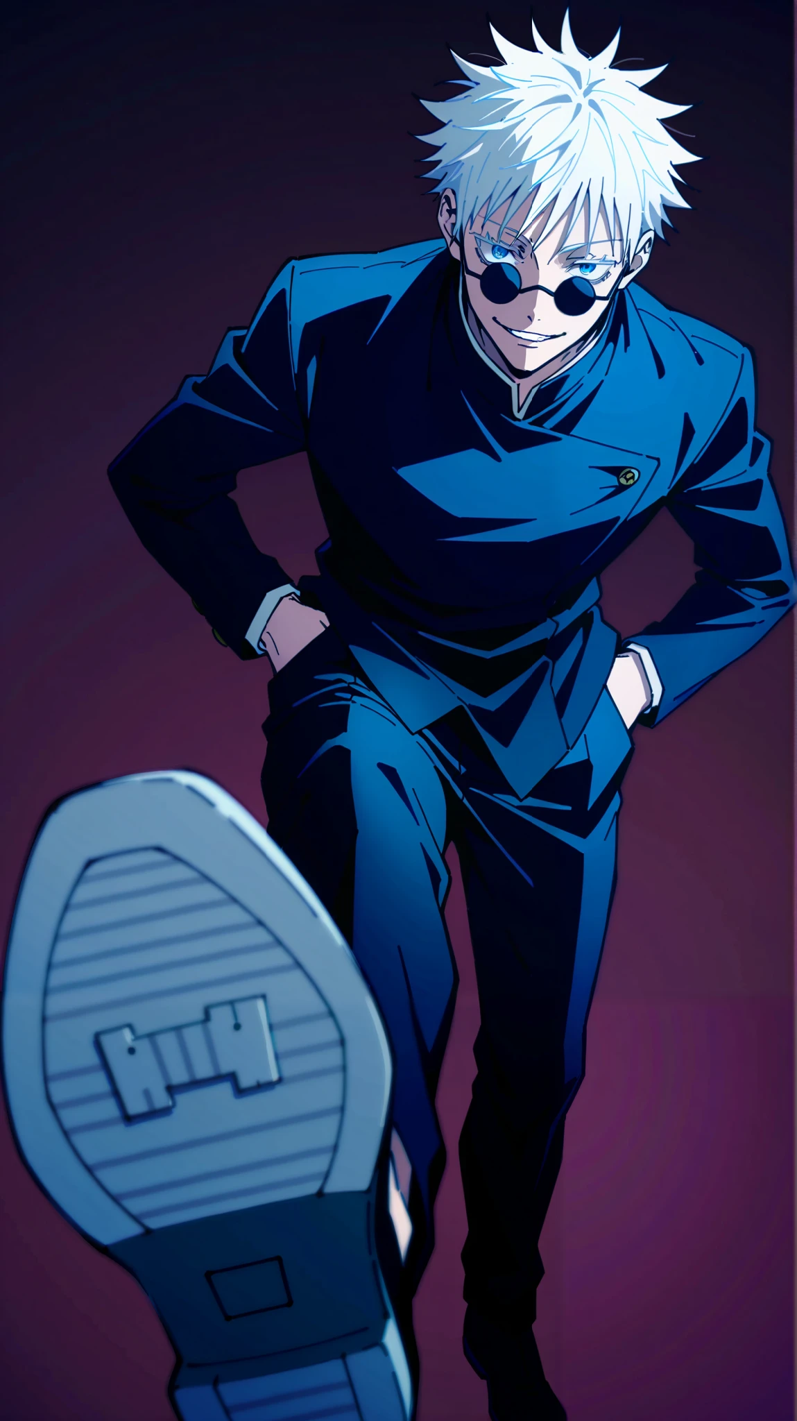 solo,1boy\(satoru gojo\((jujutsu kaisen:1.3),movie,student\),18 years old,(white long eyelash:1.2),(bangs), black (high-school uniform:1.2),beautiful eyes,black shose,(long hair:0.5),white hair,circle-sunglasses,full body,hands in pocket,smirk, shiny glowing blue eyes\),stylish blue and red background,dynamic angle