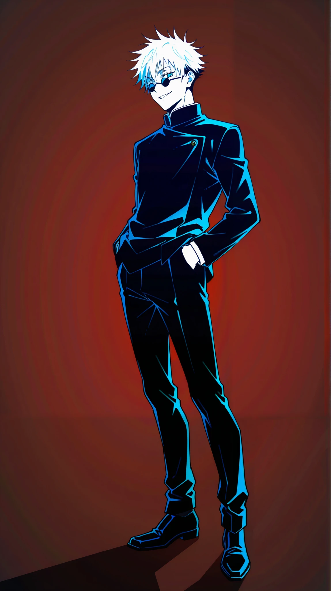 solo,1boy\(satoru gojo\((jujutsu kaisen:1.3),movie,student\),18 years old,(white long eyelash:1.2),(bangs), black (high-school uniform:1.2),beautiful eyes,black shose,(long hair:0.5),white hair,circle-sunglasses,full body,hands in pocket,smirk, shiny glowing blue eyes\),stylish blue and red background,dynamic angle