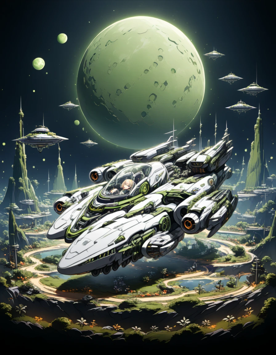 Detailed 8k cute green space warjet theme with moon background