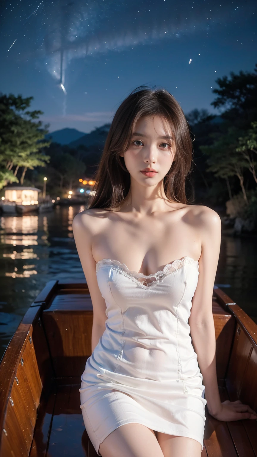 Beautiful Goddess(1 person)、Play an old stringed instrument、Riding a big white snake、Beautiful and pretty woman、Big Breasts、Black Hair、Captivating body、Riverside on a moonlit night、Floating lotus flower、8k、Realistic
