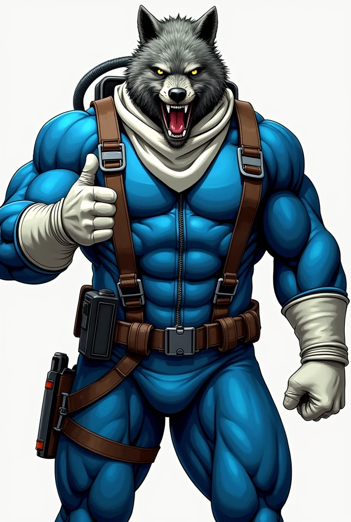 (A rugged beefy extremely muscular bulky old man), (wearing blue fullbody zipper wetsuit), (wearing realistic roaring wolf mask), thumbs up pose, wearing harness, wearing bulky scuba gear, wearing white hero scarf, muscular physique, toned muscles, fierce, heroic, action, comic artstyle, bulky best quality, wearing white combat gloves. wearing gun holster on left thighs, dynamic action pose, fierce expression, showcasing an imposing stature, powerful, best quality image, action-packed atmosphere, masterpiece.