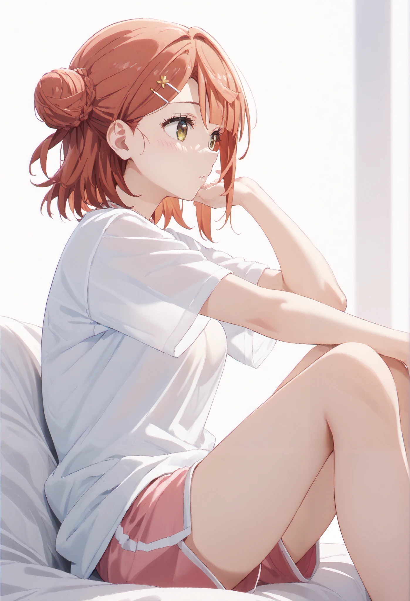 uehara ayumu, single side bun, hair bun, hair ornament, shirt, bangs, breasts, shorts, yellow eyes, sitting, medium hair, white background,