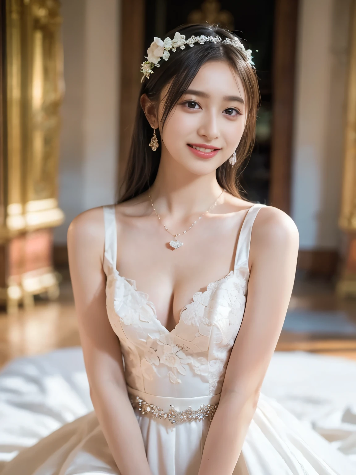 Beautiful 25 year old skinny woman。She is wearing a wedding dress. She is smiling on illuminated by the evening church lights on the romantic sunset time. her dark brown hair. High resolution、masterpiece、highest quality、頭w:1.0、((Hasselblad Photos))、fine skin、(movie lighting)、clavicle . full body picture.