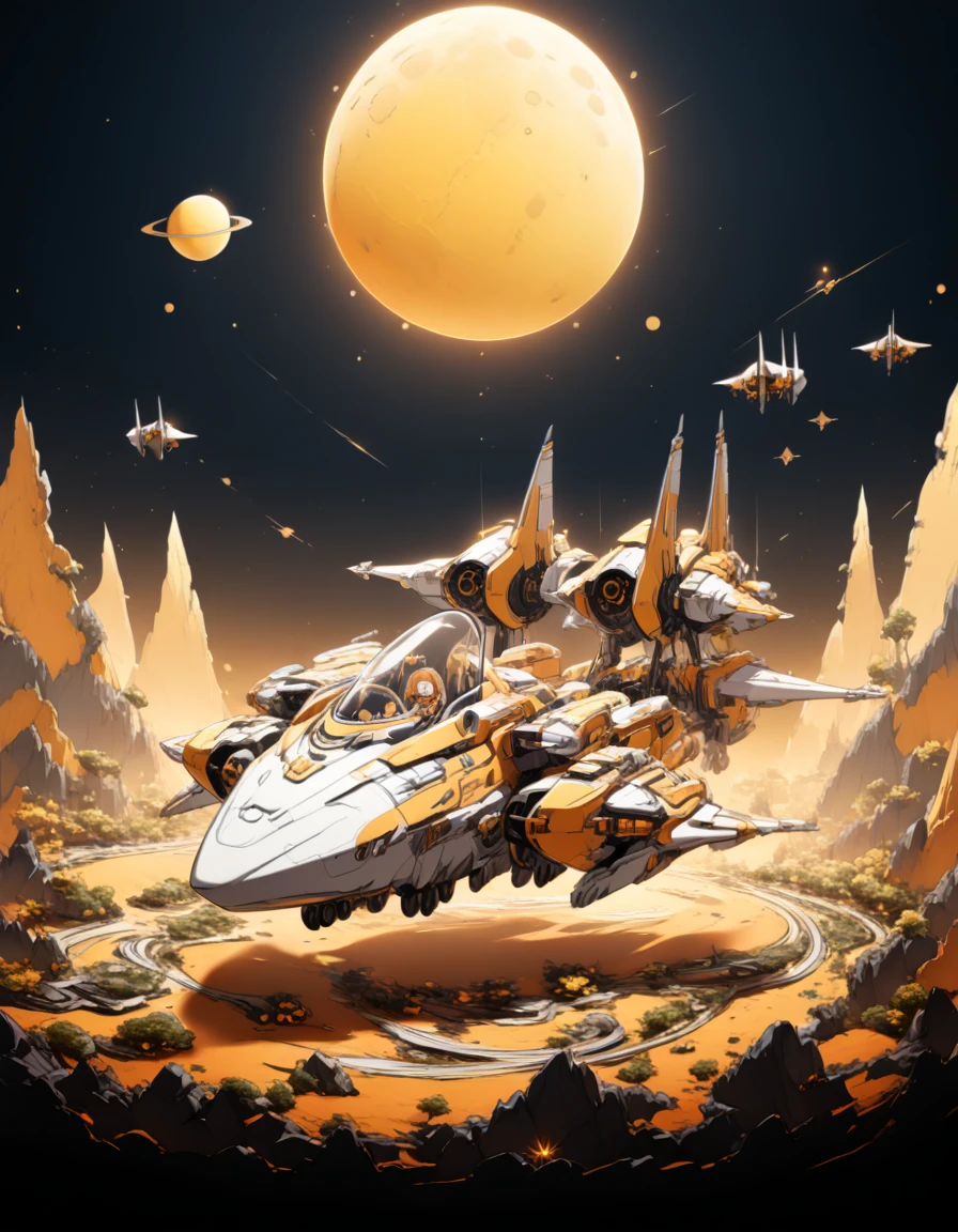 Detailed 8k cute yellow space warjet theme with moon background