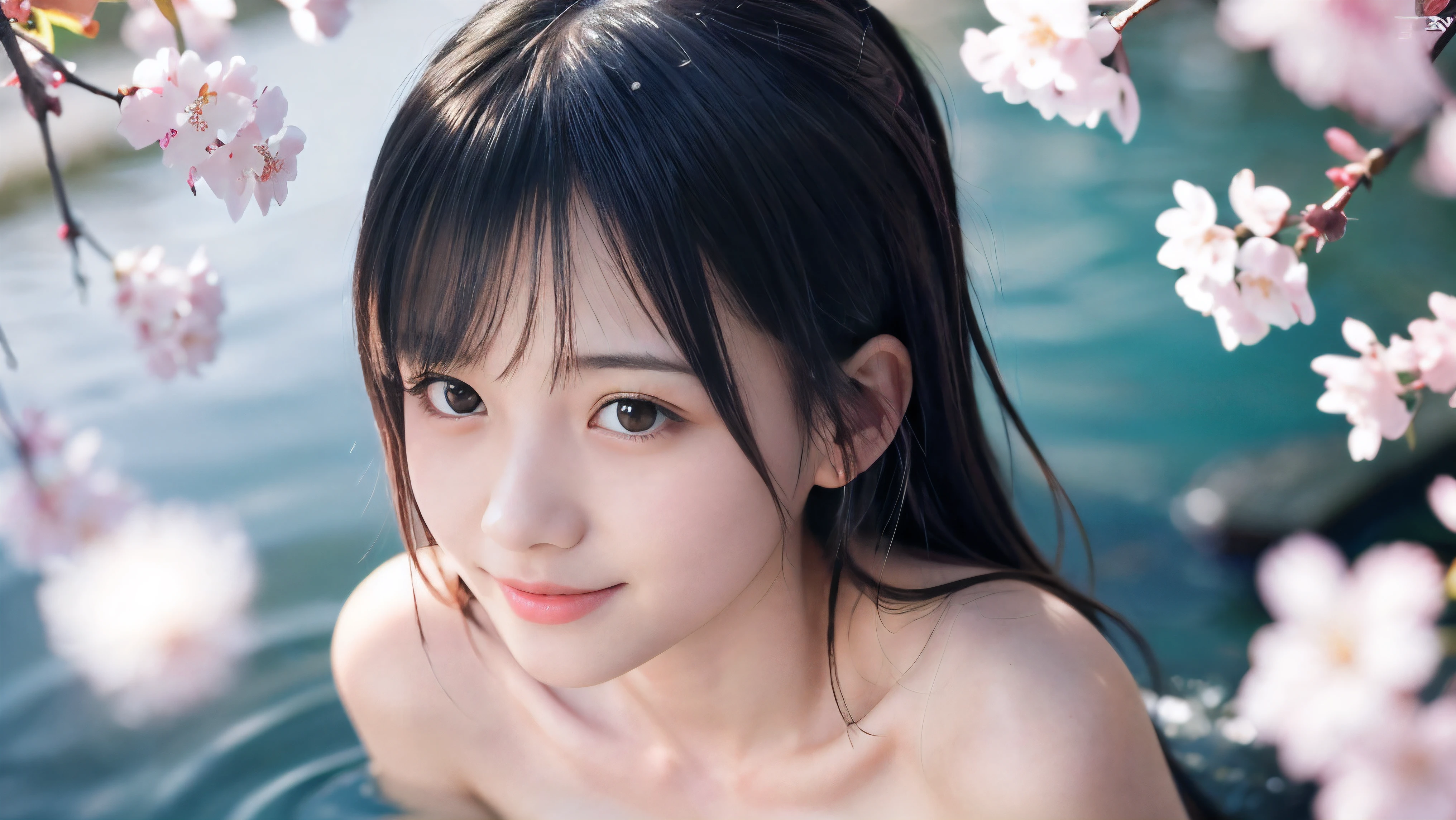 (High angle shot of a naked slender small breasts two side up black medium hair with bangs girl:1.5)、(Naked girl is soaking in a milky color Japanese onsen outdoors and looking up the sky with small smile:1.5)、(Outdoor Japanese onsen with milky white color and it has full bloom cherry blossoms:1.5)、(blurred background:1.5)、(Natural light:1.5)、(8k ultra detailed master piece:1.5)、(perfect anatomy:1.5)、(Photorealistic stick:1.5)、(Raw photo:1.3)、(highest quality:1.5)、(High resolution:1.3)、(Delicate and beautiful perfect face:1.3)、(Delicate and beautiful eye air skin:1.3)、(Real Human Skin:1.3)、((thin legs))