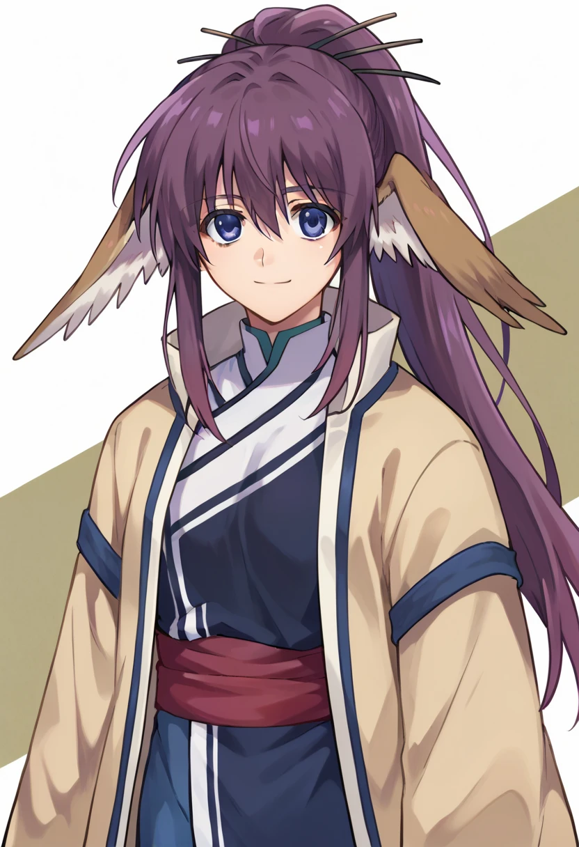 score_9,score_8_up,score_7_up,score_6_up,score_5_up,score_4_up,anime coloring BREAK source_anime,anime,touka,1girl,solo,bird ears,blue eyes,purple hair,long hair,ponytail,japanese clothes,blue pants,red sash,beige coat,smile,multicolored background,looking at viewer,portrait,upper body,looking at viewer,