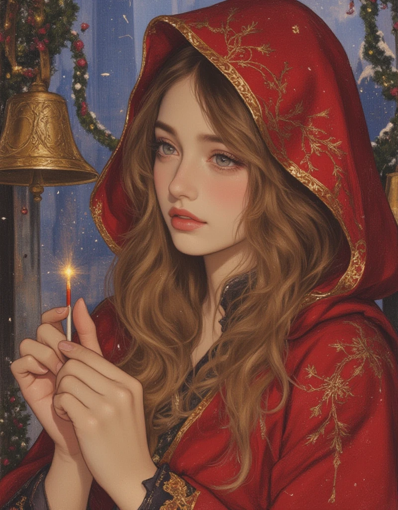 Beautiful girl in classic red Christmas hooded cloak for the holidays, The Little Match Girl, She was selling matches barefoot in the cold without any shoes on, The girl lit a match to try to get a little warmer. Background of a bell tower with hanging gold bells, Beautifully detailed face, Beautifully detailed lips, Highly detailed hair, Long eyelashes, Intricate embroidered pattern on the cloak, Sad mood, Fantasy art in a sad winter setting, fairytale, Rich colors, Vibrant painting, vintage, ArsMJStyle, Oil Pastels