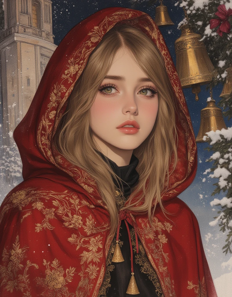 Beautiful girl in classic red Christmas hooded cloak for the holidays, The Little Match Girl, She was selling matches barefoot in the cold without any shoes on, The girl lit a match to try to get a little warmer. Background of a bell tower with hanging gold bells, Beautifully detailed face, Beautifully detailed lips, Highly detailed hair, Long eyelashes, Intricate embroidered pattern on the cloak, Sad mood, Fantasy art in a sad winter setting, fairytale, Rich colors, Vibrant painting, vintage, ArsMJStyle, Oil Pastels