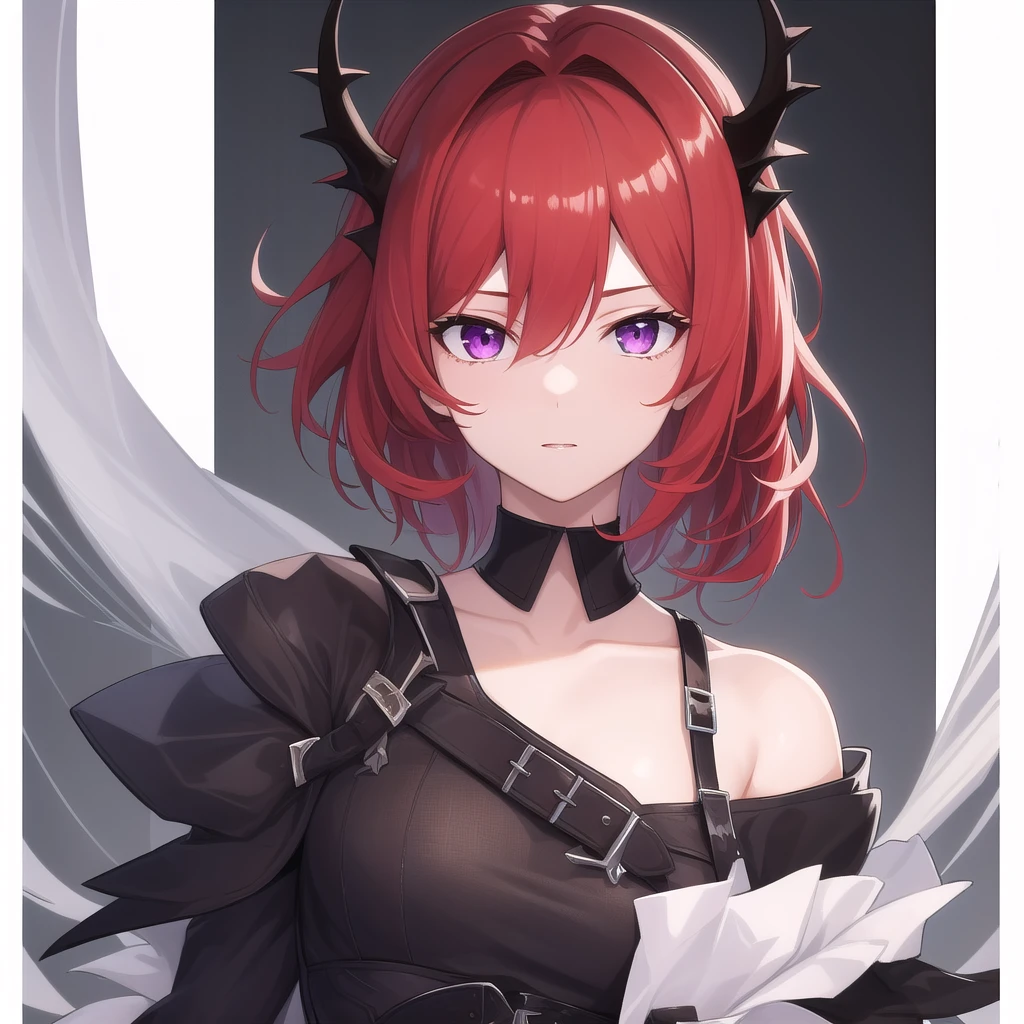 (masterpiece, highest quality, super detailed, best shadow), (detailed background,dark fantasy), (beautiful and detailed face), high contrast, (best illumination, very delicate and beautiful), ((cinematic light)), colorful, hyper detail, dramatic light, intricate details, (1 girl, alone,Red hair, short bob, sharp face,purple eyes, hair between eyes,dynamic angle, big breasts), Black light swirling around the character, Depth of the bounds written,black light particles,(Broken Grassical Circle, warrior, full body esbian, woman, cheerfulness, smile, look ahead,