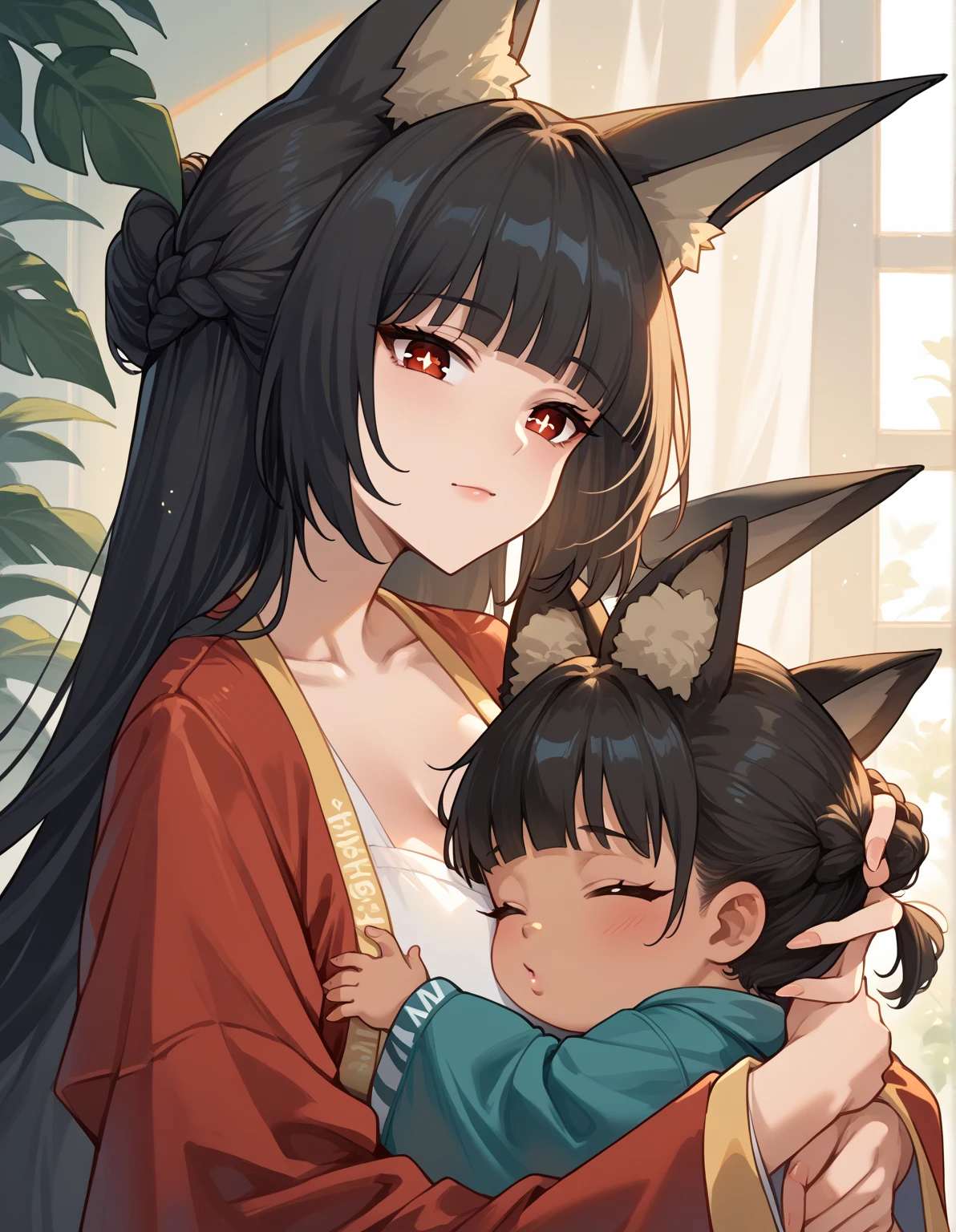 score_9, score_8_up, score_7_up, source_anime, miyabihoshimi, miyabi hoshimi ,animal ear fluff, animal ears, black hair, bright pupils, fox ears, fox girl, half updo, long hair, red eyes, sidelocks, white pupils,,large breasts
BREAK mother and , small,hugging up, baby, (((african baby)))