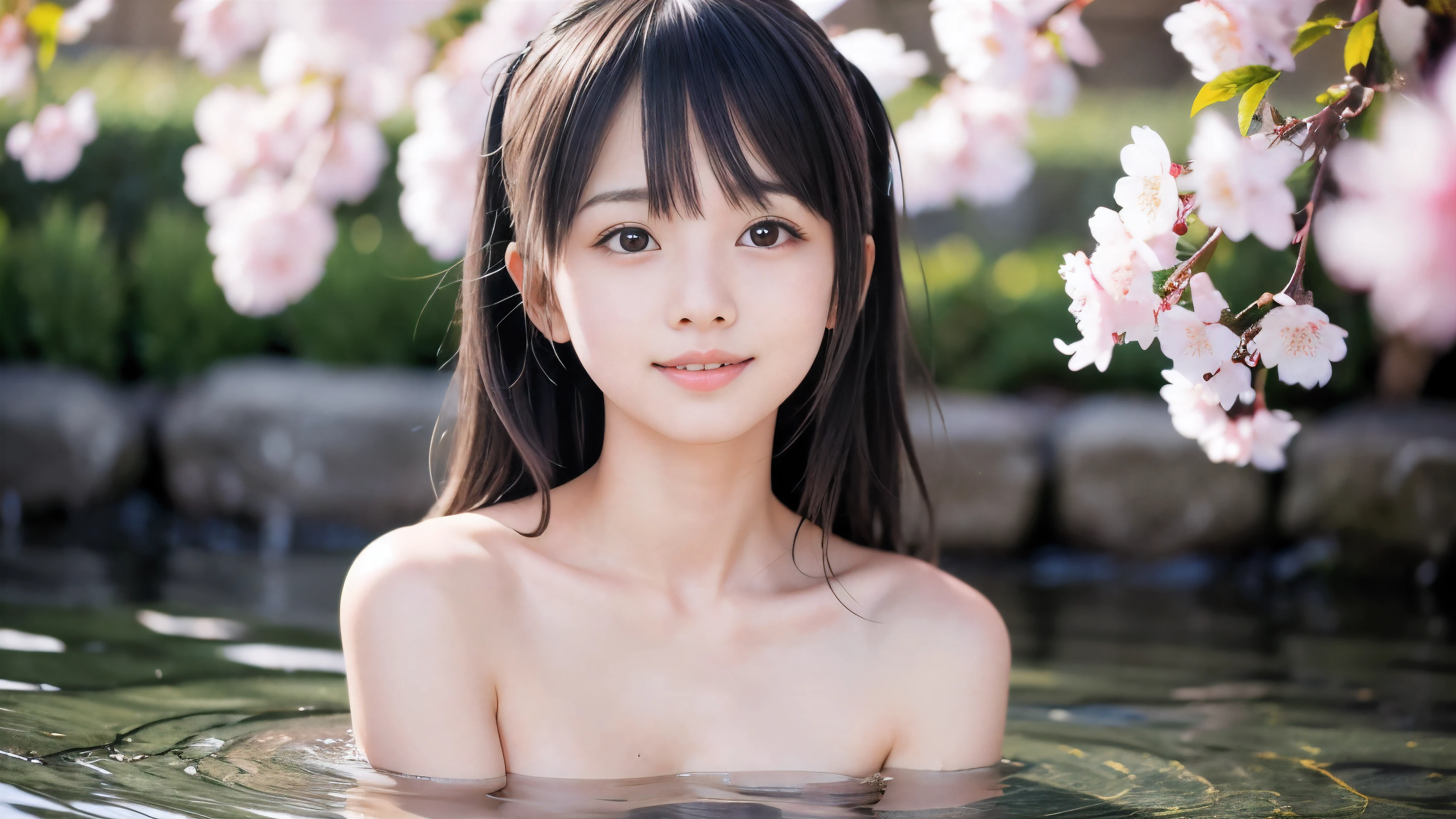 (High angle shot of a naked slender small breasts dark silver long hair with swept bangs girl:1.5)、(Naked girl is soaking in a milky color Japanese onsen outdoors and looking up the sky with small shy face:1.5)、(Outdoor Japanese onsen with milky white color and it has full bloom cherry blossoms:1.5)、(blurred background:1.5)、(Natural light:1.5)、(8k ultra detailed master piece:1.5)、(perfect anatomy:1.5)、(Photorealistic stick:1.5)、(Raw photo:1.3)、(highest quality:1.5)、(High resolution:1.3)、(Delicate and beautiful perfect face:1.3)、(Delicate and beautiful eye air skin:1.3)、(Real Human Skin:1.3)、((thin legs))