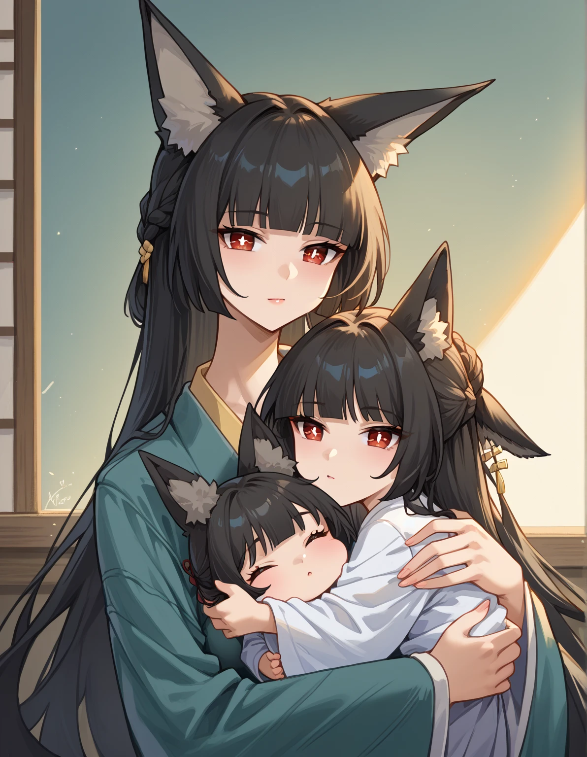 score_9, score_8_up, score_7_up, source_anime, miyabihoshimi, miyabi hoshimi ,animal ear fluff, animal ears, black hair, bright pupils, fox ears, fox girl, half updo, long hair, red eyes, sidelocks, white pupils,,large breasts
BREAK mother and , small,hugging up, baby, 