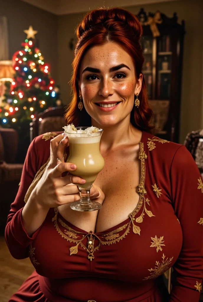 "Create a '50s-inspired poster resembling vintage Coca-Cola Christmas ads. Picture a plus-size blonde woman in her 50s with shoulder-length hair and glasses. She waves a toast for the New Year. In the background, a window displays New Year's fireworks. Overall, convey joy, unity, and the welcoming spirit of the New Year."